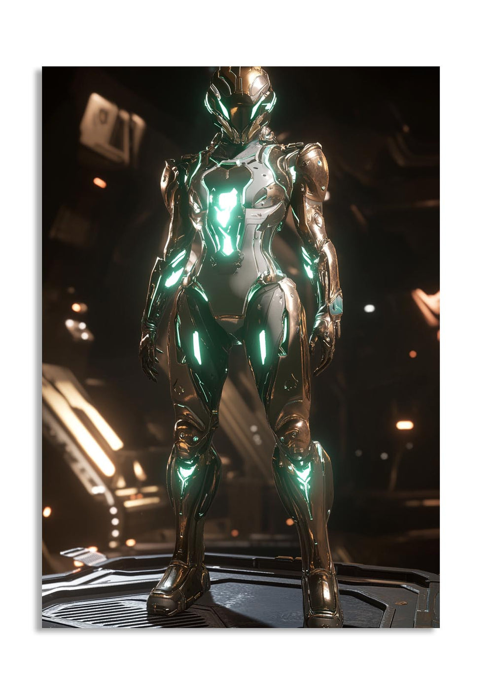 Metallic robot figure with glowing green accents on a dark background, as a premium aluminum metal print from GoMetalPrint.
