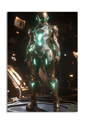 Metallic robot figure with glowing green accents on a dark background, as a premium aluminum metal print from GoMetalPrint.
