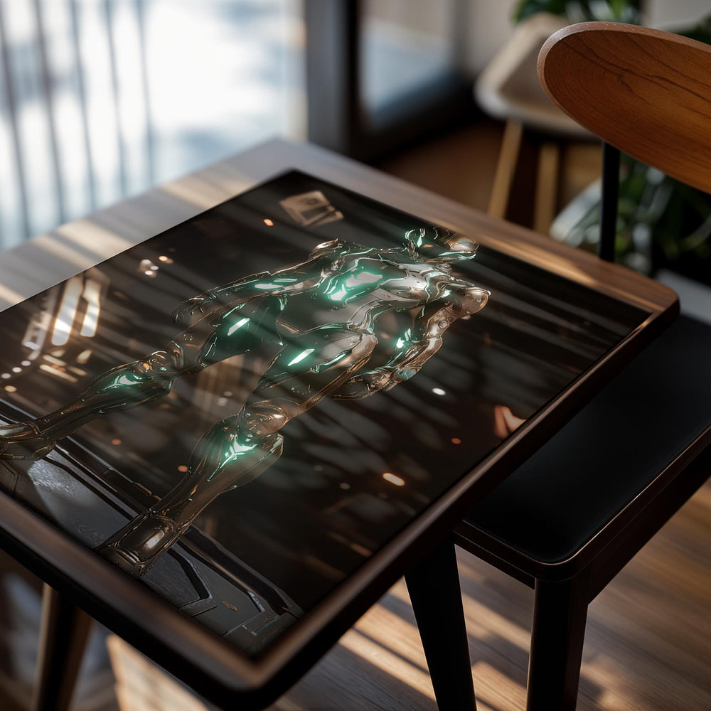 Metallic robot figure with glowing green accents on a dark background, as a premium aluminum metal print from GoMetalPrint.
