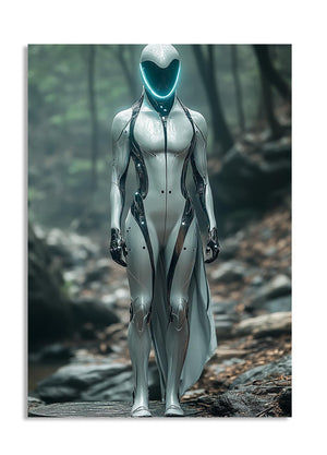Alien-like creature in a forest setting, as a premium aluminum metal print from GoMetalPrint.
