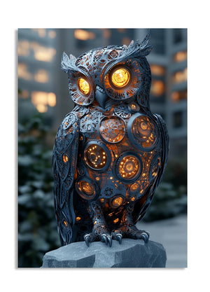 Decorative owl lamp with glowing eyes on a blurred cityscape background, as a premium aluminum metal print from GoMetalPrint.
