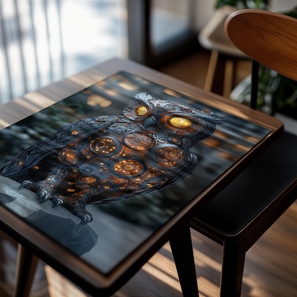 Decorative owl lamp with glowing eyes on a blurred cityscape background, as a premium aluminum metal print from GoMetalPrint.

