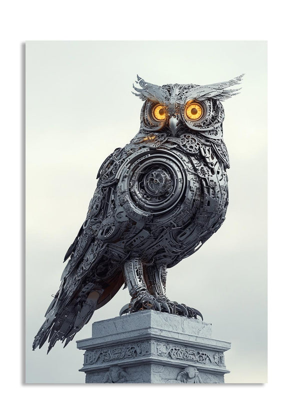 Mechanical owl sculpture on a pedestal against a light background, as a premium aluminum metal print from GoMetalPrint.
