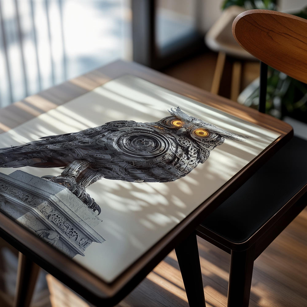 Mechanical owl sculpture on a pedestal against a light background, as a premium aluminum metal print from GoMetalPrint.
