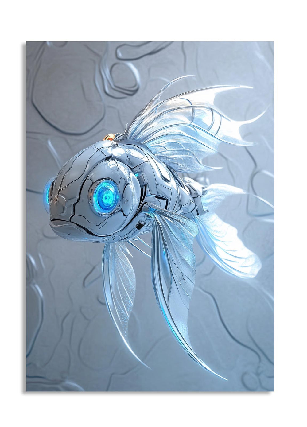Futuristic fish with robot-like head and blue eyes on a light gray background, as a premium aluminum metal print from GoMetalPrint.
