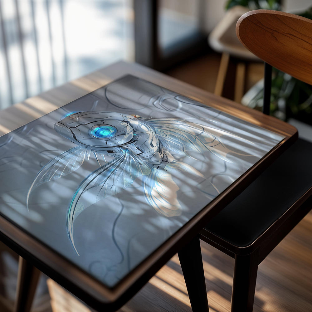 Futuristic fish with robot-like head and blue eyes on a light gray background, as a premium aluminum metal print from GoMetalPrint.
