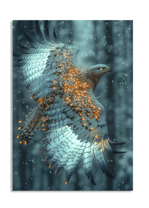 Eagle with glowing feathers against a snowy background, as a premium aluminum metal print from GoMetalPrint.
