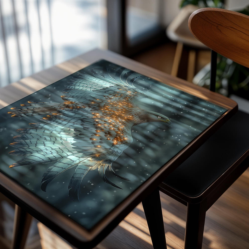 Eagle with glowing feathers against a snowy background, as a premium aluminum metal print from GoMetalPrint.
