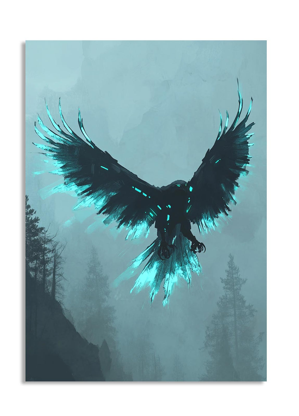 Eagle with glowing teal wings in a misty forest, as a premium aluminum metal print from GoMetalPrint.

