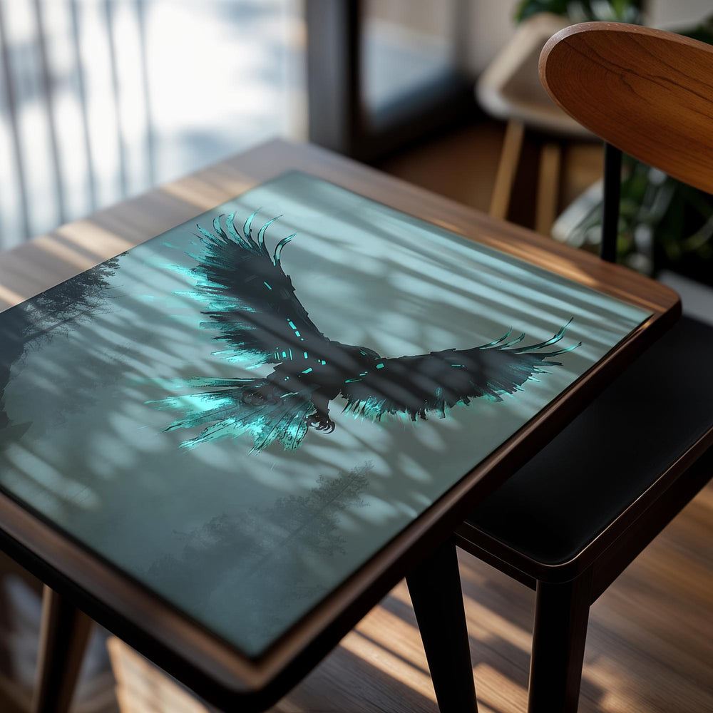 Eagle with glowing teal wings in a misty forest, as a premium aluminum metal print from GoMetalPrint.
