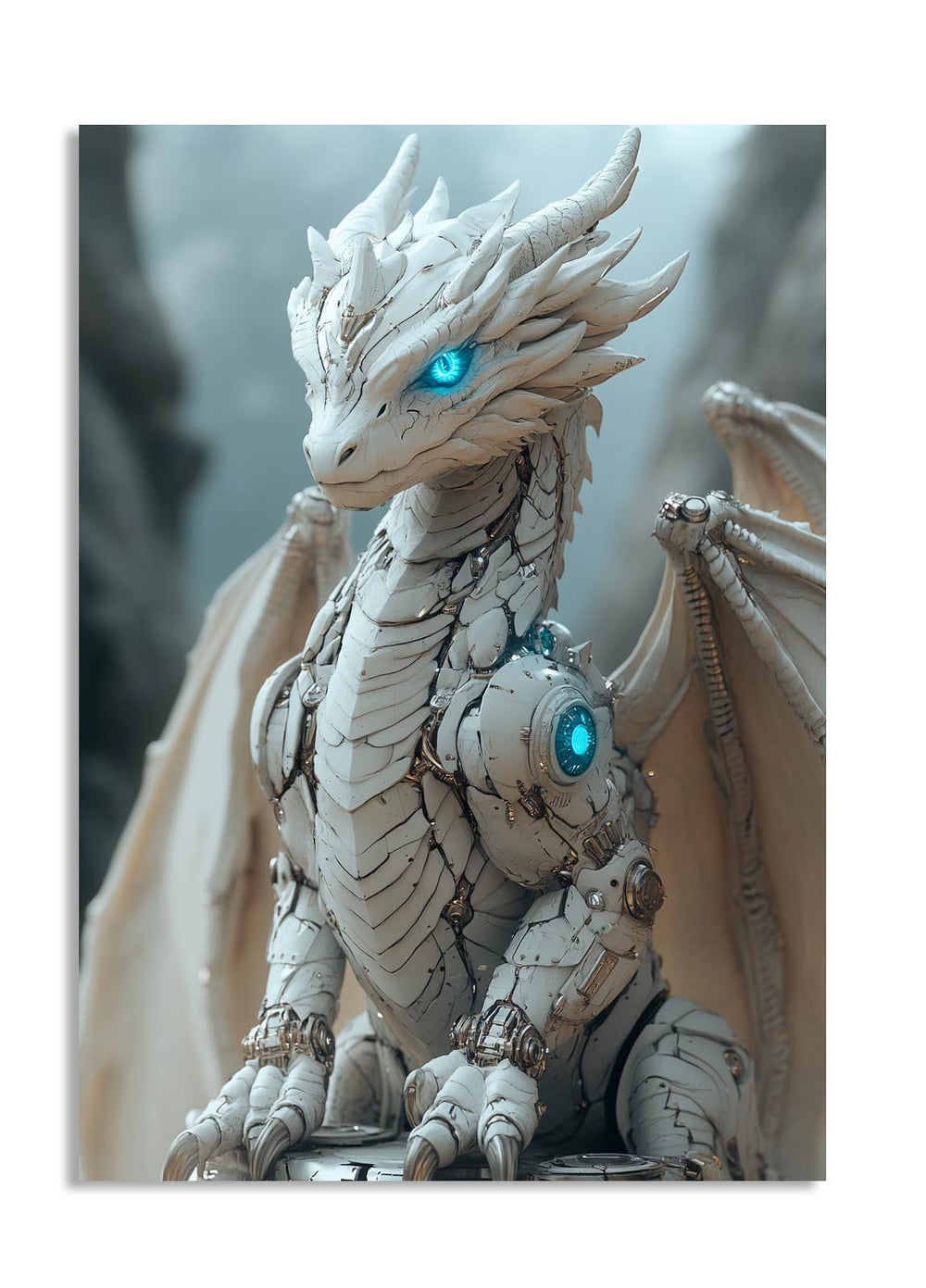 White dragon figurine with blue eyes and detailed scales against a blurred background, as a premium aluminum metal print from GoMetalPrint.

