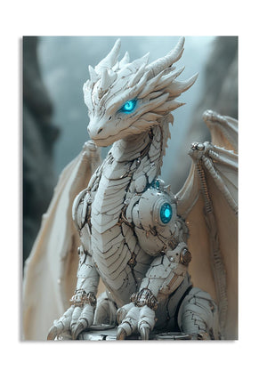 White dragon figurine with blue eyes and detailed scales against a blurred background, as a premium aluminum metal print from GoMetalPrint.
