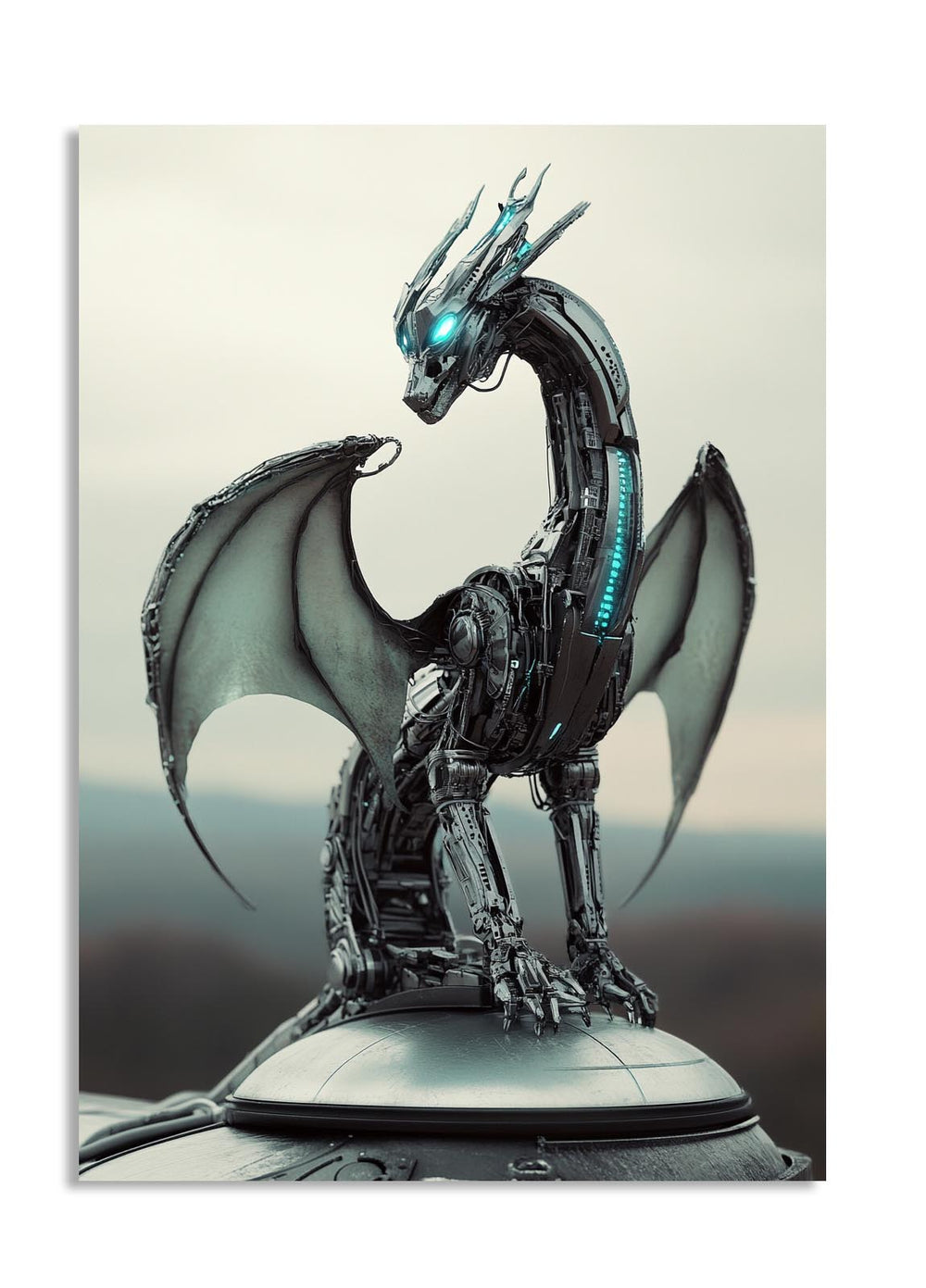 Mechanical dragon sculpture with glowing elements on a plain background, as a premium aluminum metal print from GoMetalPrint.
