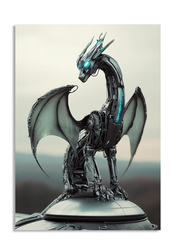 Mechanical dragon sculpture with glowing elements on a plain background, as a premium aluminum metal print from GoMetalPrint.
