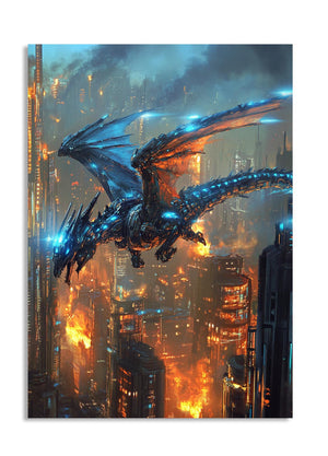 Dragon flying over a futuristic cityscape with fiery buildings, as a premium aluminum metal print from GoMetalPrint.
