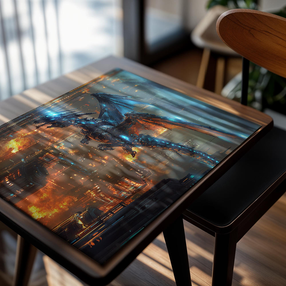 Dragon flying over a futuristic cityscape with fiery buildings, as a premium aluminum metal print from GoMetalPrint.
