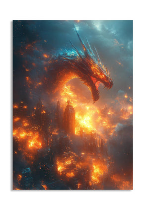 Dragon breathing fire over a cityscape, as a premium aluminum metal print from GoMetalPrint.
