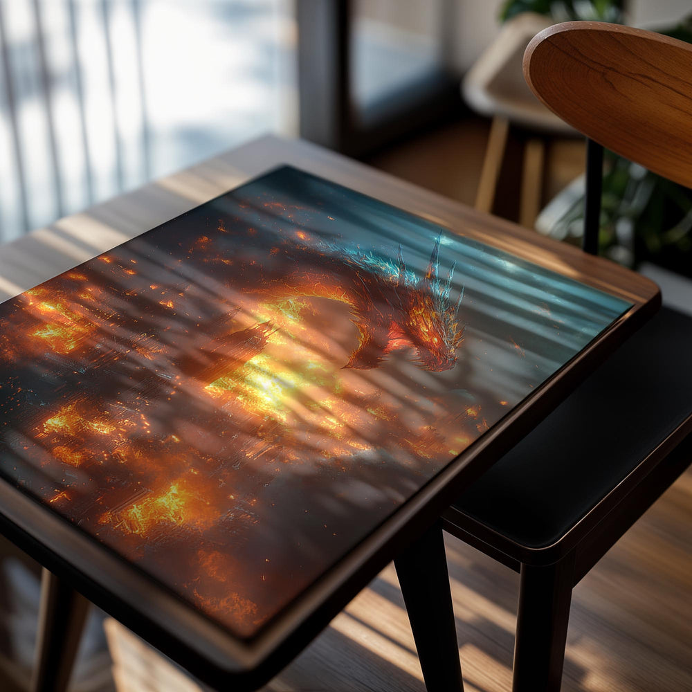Dragon breathing fire over a cityscape, as a premium aluminum metal print from GoMetalPrint.
