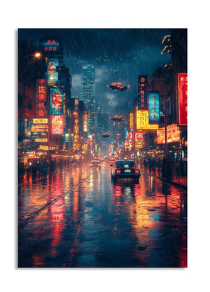 City street at night with neon lights and an alien spacecraft, as a premium aluminum metal print from GoMetalPrint.
