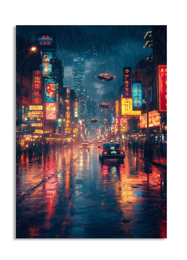 City street at night with neon lights and an alien spacecraft, as a premium aluminum metal print from GoMetalPrint.
