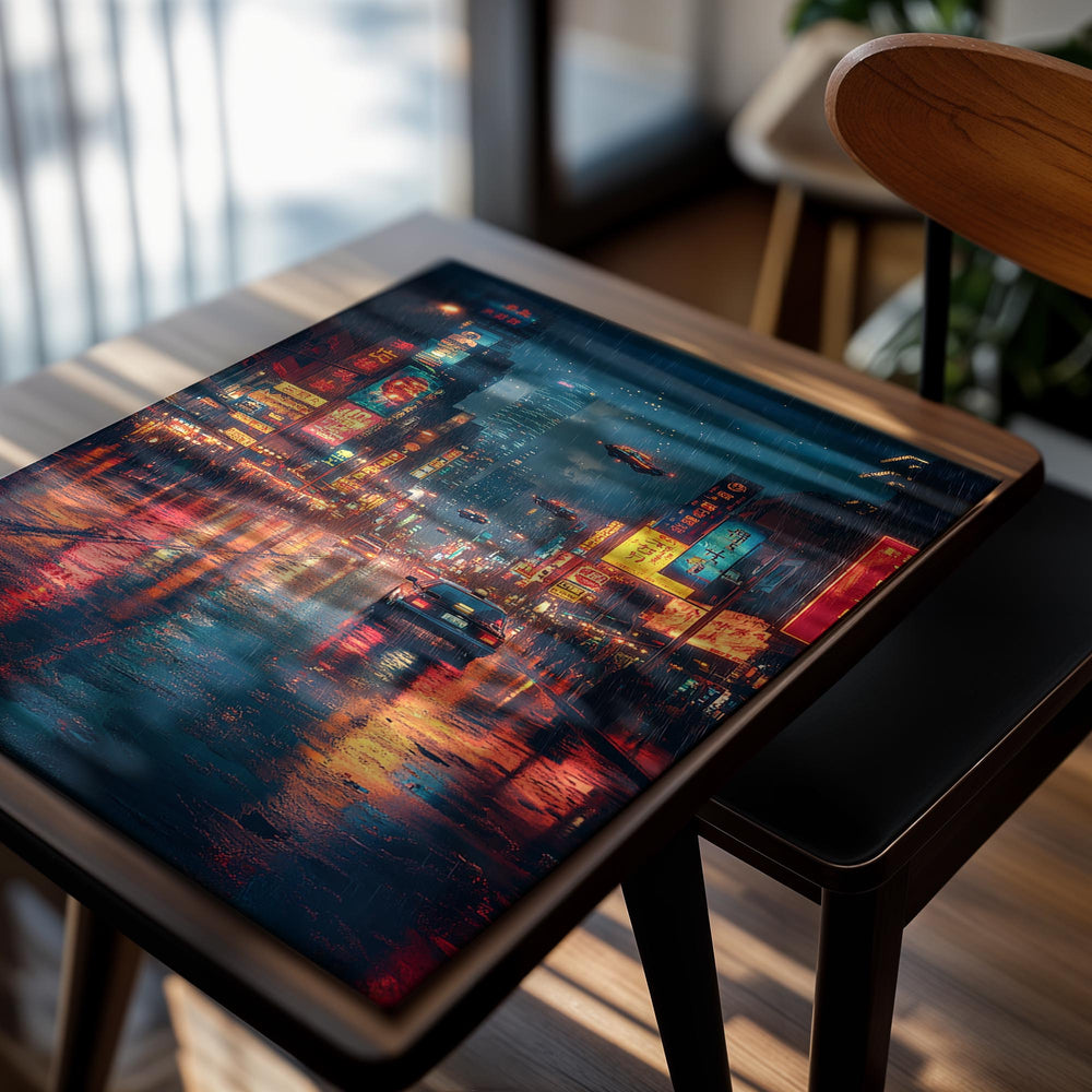 City street at night with neon lights and an alien spacecraft, as a premium aluminum metal print from GoMetalPrint.
