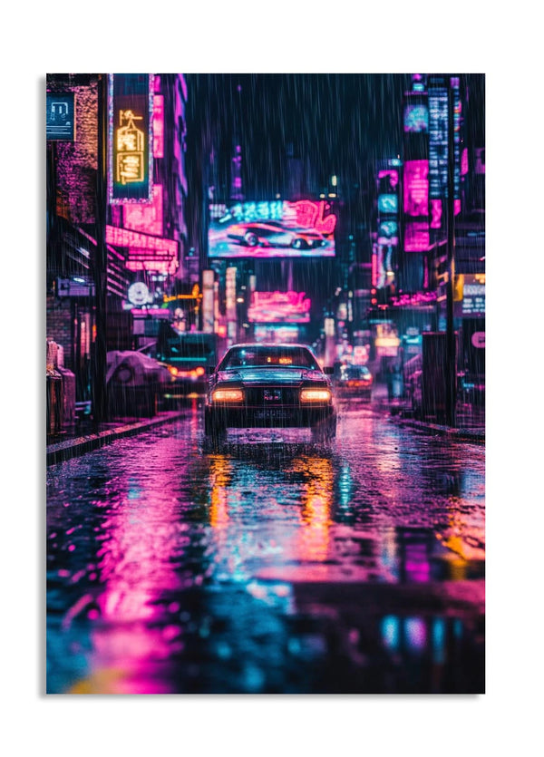 Neon-lit city street at night with cars and rain, as a premium aluminum metal print from GoMetalPrint.
