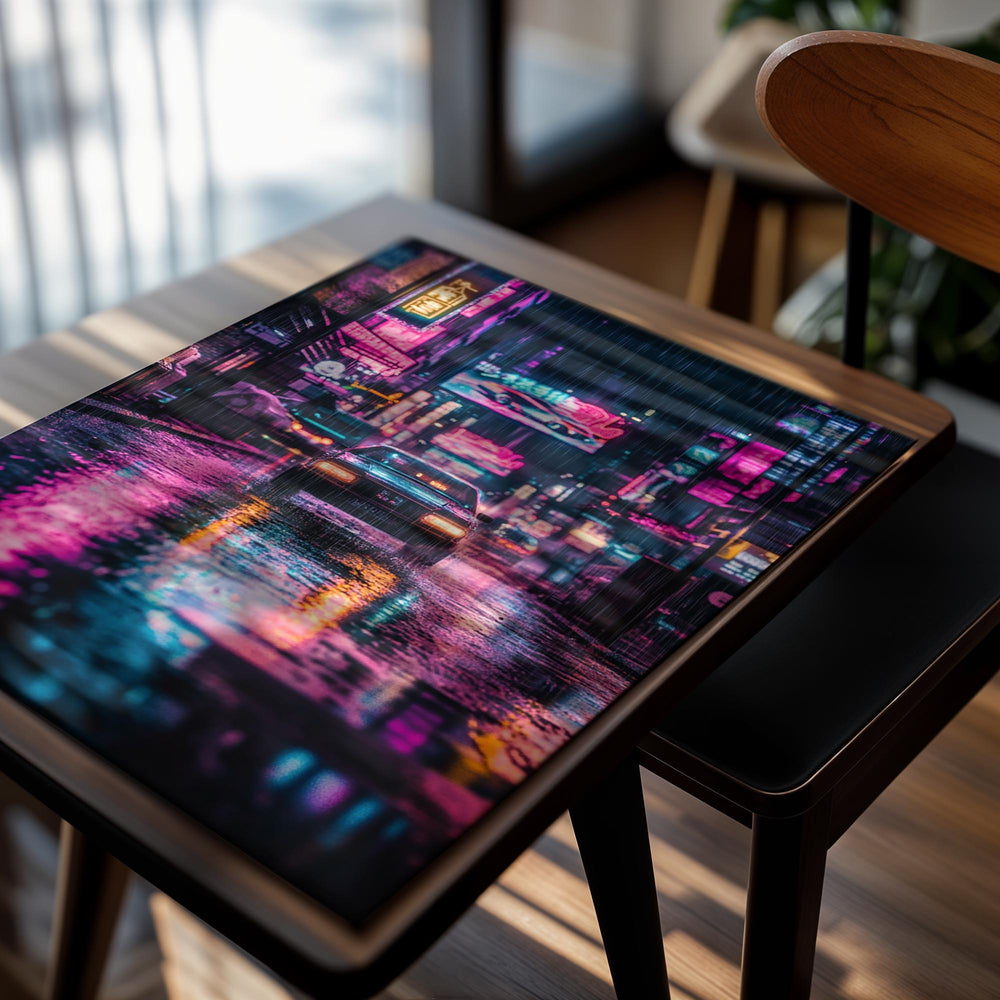 Neon-lit city street at night with cars and rain, as a premium aluminum metal print from GoMetalPrint.
