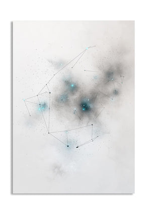 Abstract art piece with geometric shapes and blue dots on a white background, as a premium aluminum metal print from GoMetalPrint.
