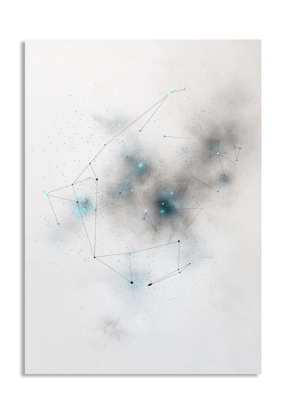 Abstract art piece with geometric shapes and blue dots on a white background, as a premium aluminum metal print from GoMetalPrint.
