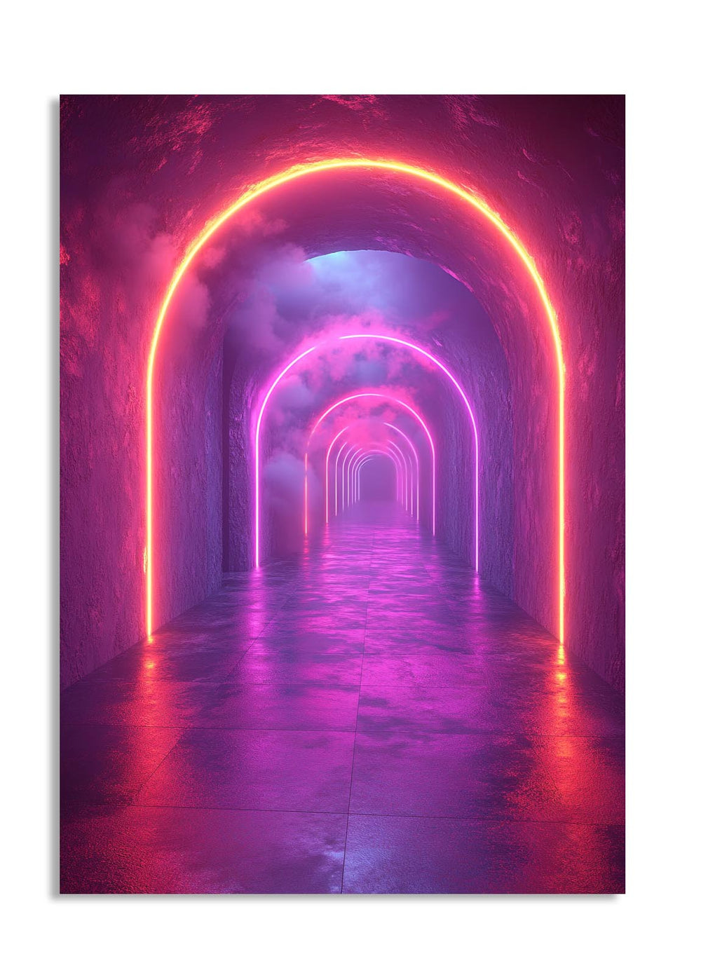 Neon-lit tunnel with pink and purple hues, as a premium aluminum metal print from GoMetalPrint.
