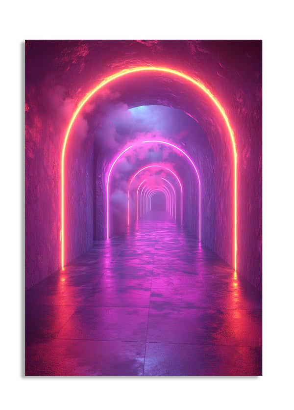 Neon-lit tunnel with pink and purple hues, as a premium aluminum metal print from GoMetalPrint.
