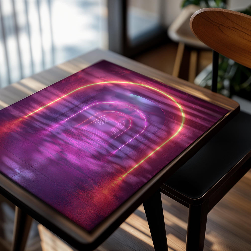 Neon-lit tunnel with pink and purple hues, as a premium aluminum metal print from GoMetalPrint.
