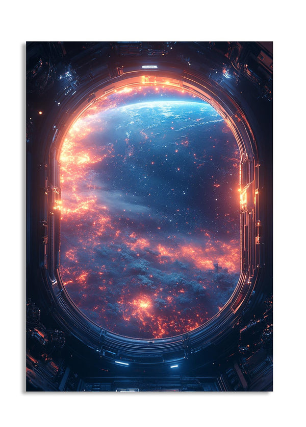 Space view from a spacecraft window with Earth visible, as a premium aluminum metal print from GoMetalPrint.
