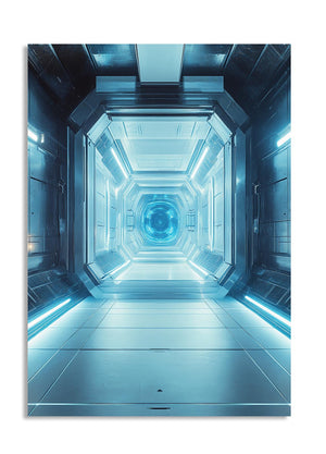 Futuristic corridor with blue lighting on a white background, as a premium aluminum metal print from GoMetalPrint.
