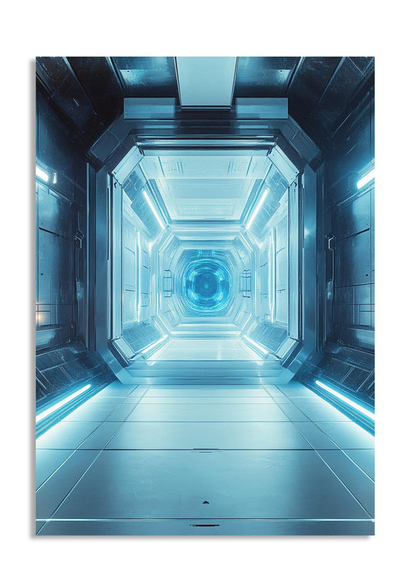 Futuristic corridor with blue lighting on a white background, as a premium aluminum metal print from GoMetalPrint.
