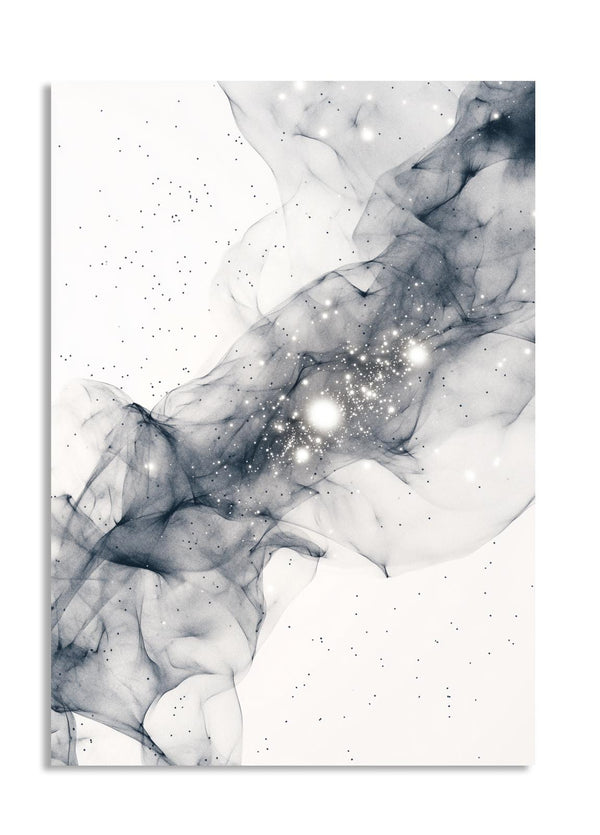 Abstract art print with black and white smoke-like design on a white background, as a premium aluminum metal print from GoMetalPrint.
