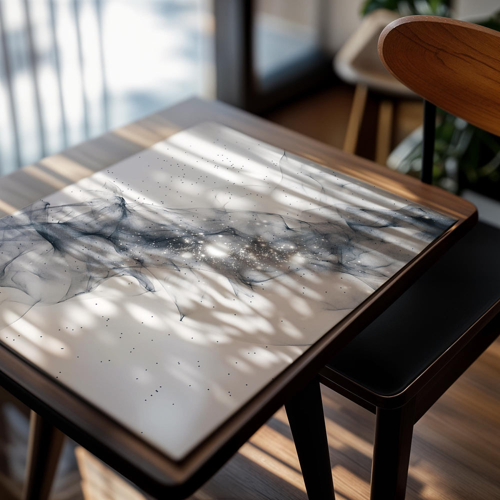 Abstract art print with black and white smoke-like design on a white background, as a premium aluminum metal print from GoMetalPrint.
