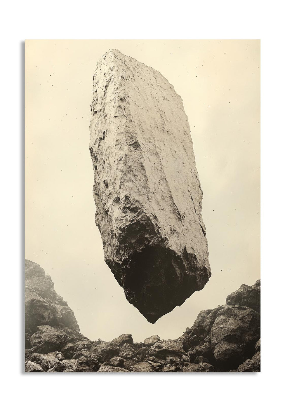 Vintage-style photograph of a large rock formation on a plain background, as a premium aluminum metal print from GoMetalPrint.
