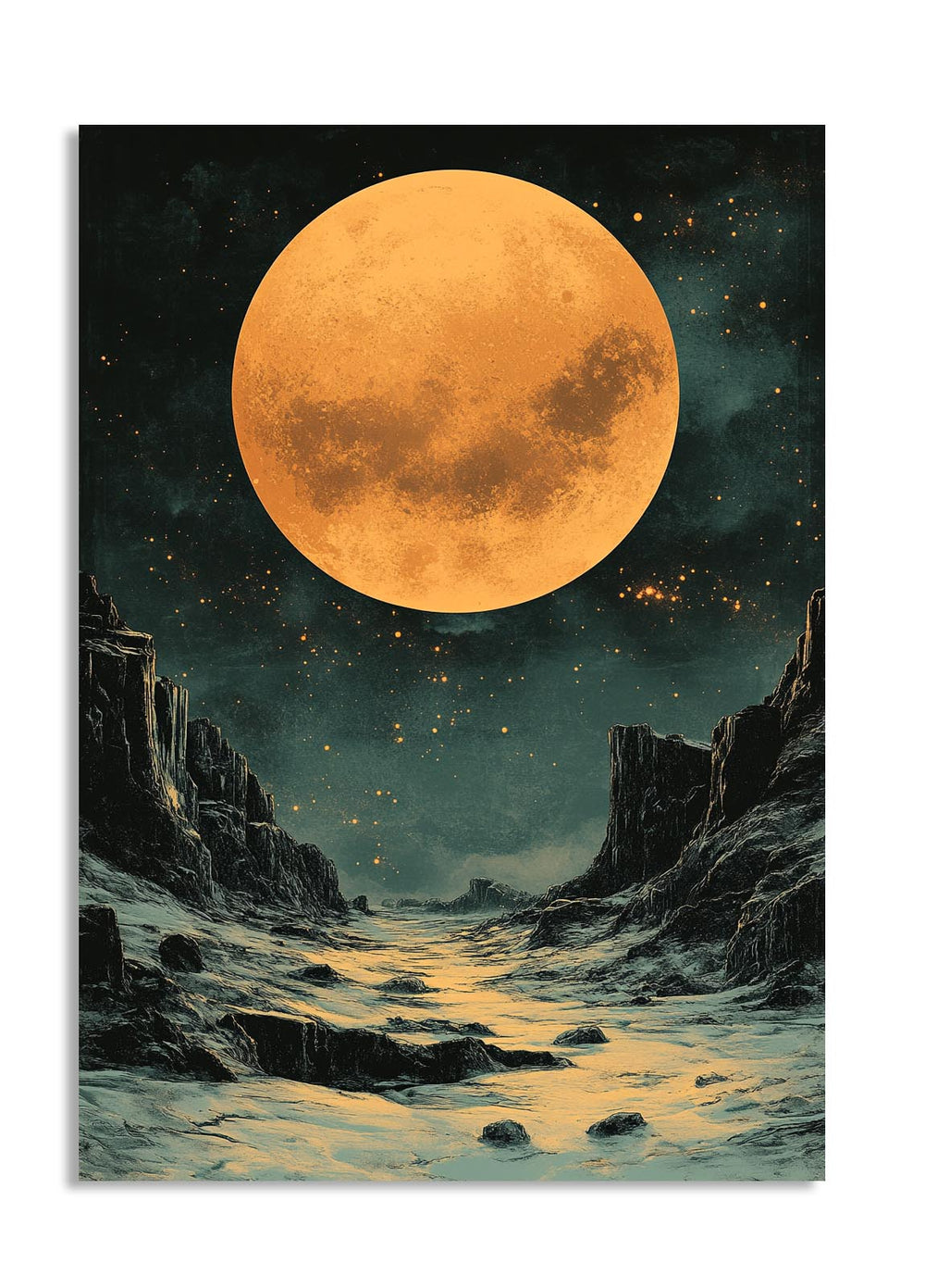 Vibrant depiction of a moonlit landscape with rocky terrain and a large orange moon, as a premium aluminum metal print from GoMetalPrint.
