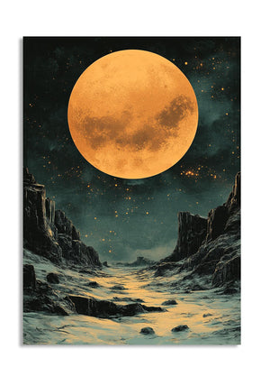Vibrant depiction of a moonlit landscape with rocky terrain and a large orange moon, as a premium aluminum metal print from GoMetalPrint.
