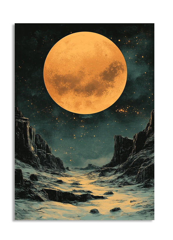 Vibrant depiction of a moonlit landscape with rocky terrain and a large orange moon, as a premium aluminum metal print from GoMetalPrint.
