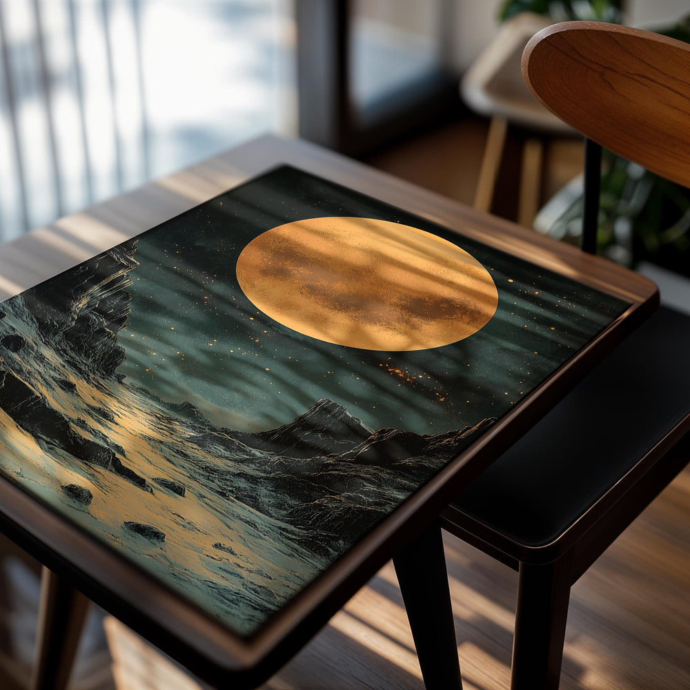Vibrant depiction of a moonlit landscape with rocky terrain and a large orange moon, as a premium aluminum metal print from GoMetalPrint.

