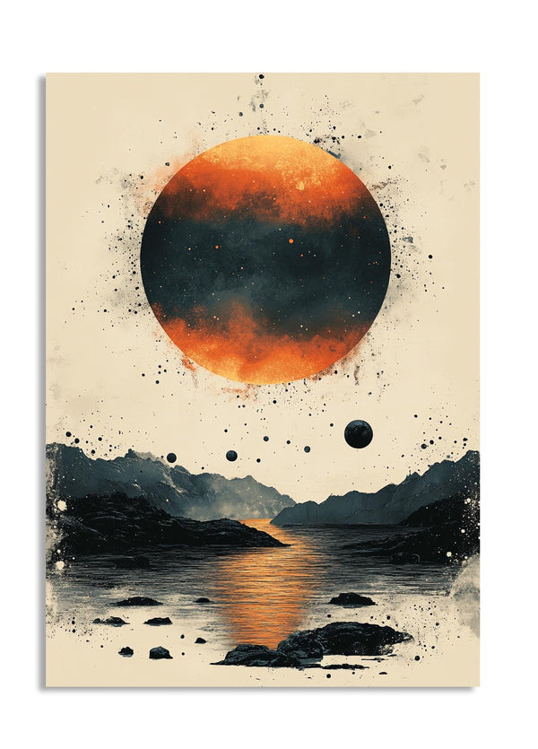 Artistic depiction of a planet over a mountainous landscape with a reflective surface, as a premium aluminum metal print from GoMetalPrint.
