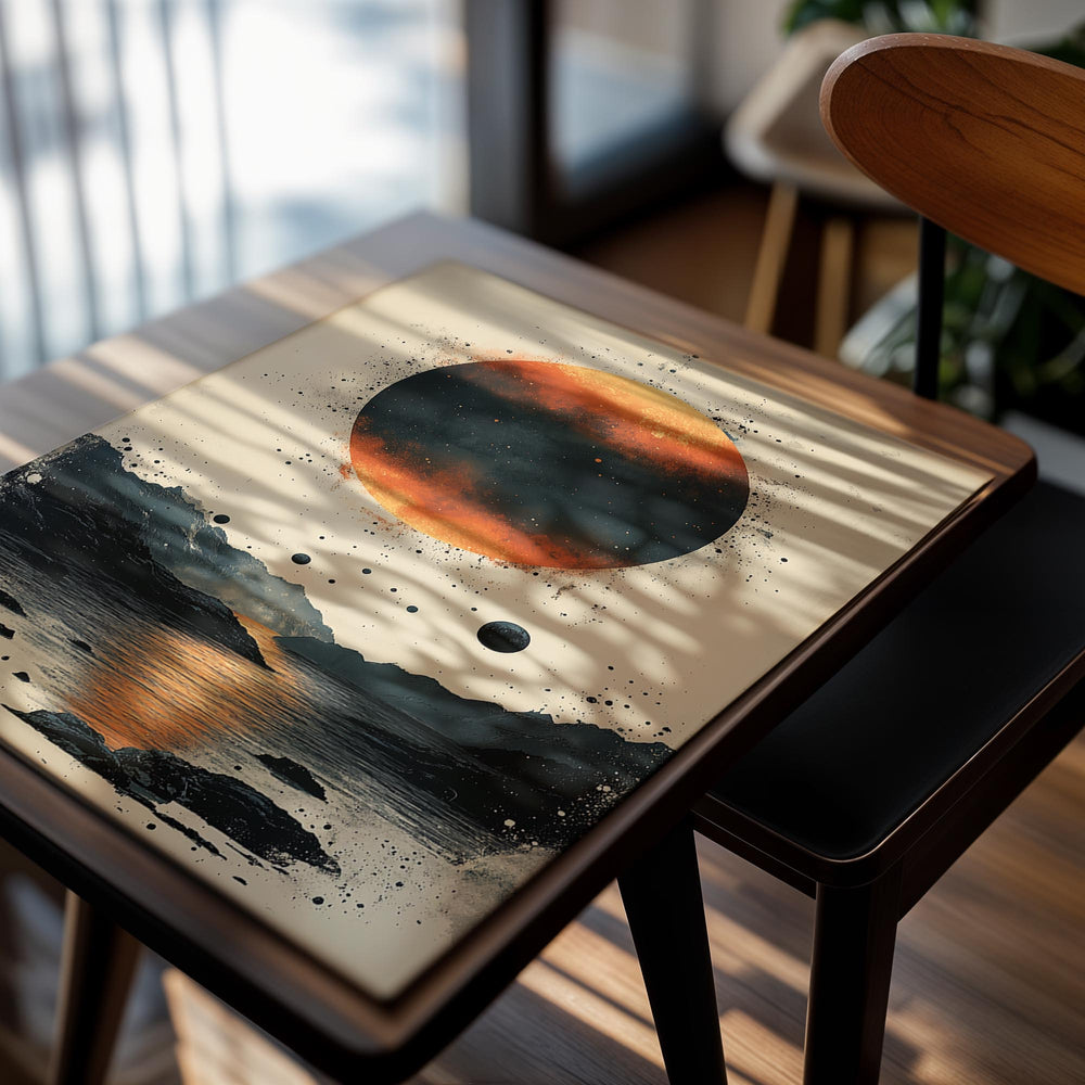 Artistic depiction of a planet over a mountainous landscape with a reflective surface, as a premium aluminum metal print from GoMetalPrint.
