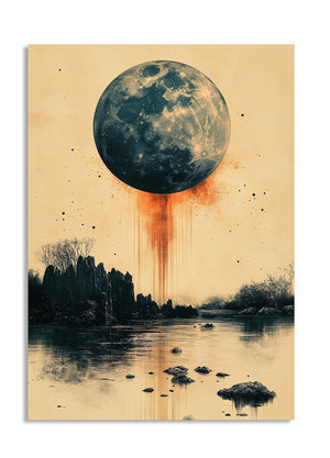 Surreal artwork of a large moon casting a red-orange glow over a landscape with trees and water, as a premium aluminum metal print from GoMetalPrint.
