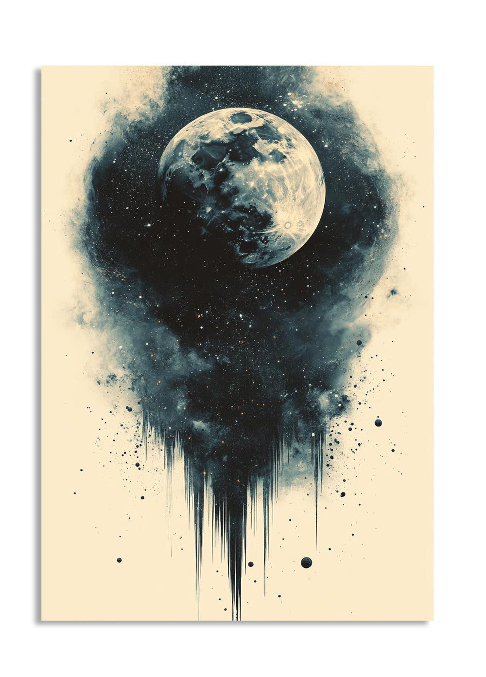 Artistic depiction of a moon with cosmic elements on a beige background, as a premium aluminum metal print from GoMetalPrint.
