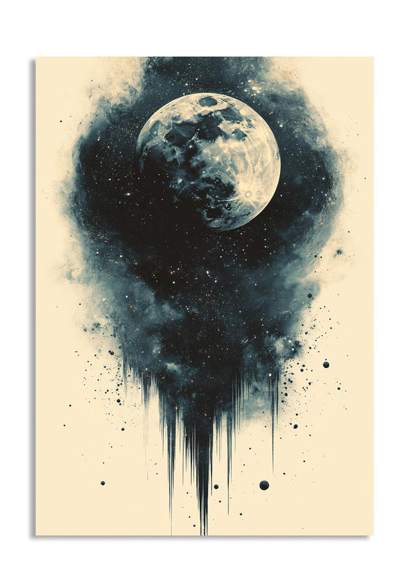 Artistic depiction of a moon with cosmic elements on a beige background, as a premium aluminum metal print from GoMetalPrint.
