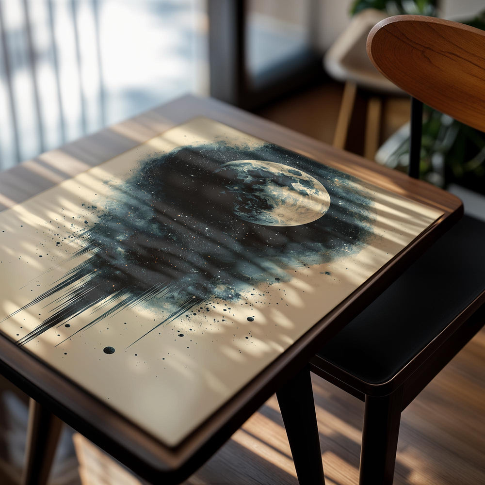 Artistic depiction of a moon with cosmic elements on a beige background, as a premium aluminum metal print from GoMetalPrint.
