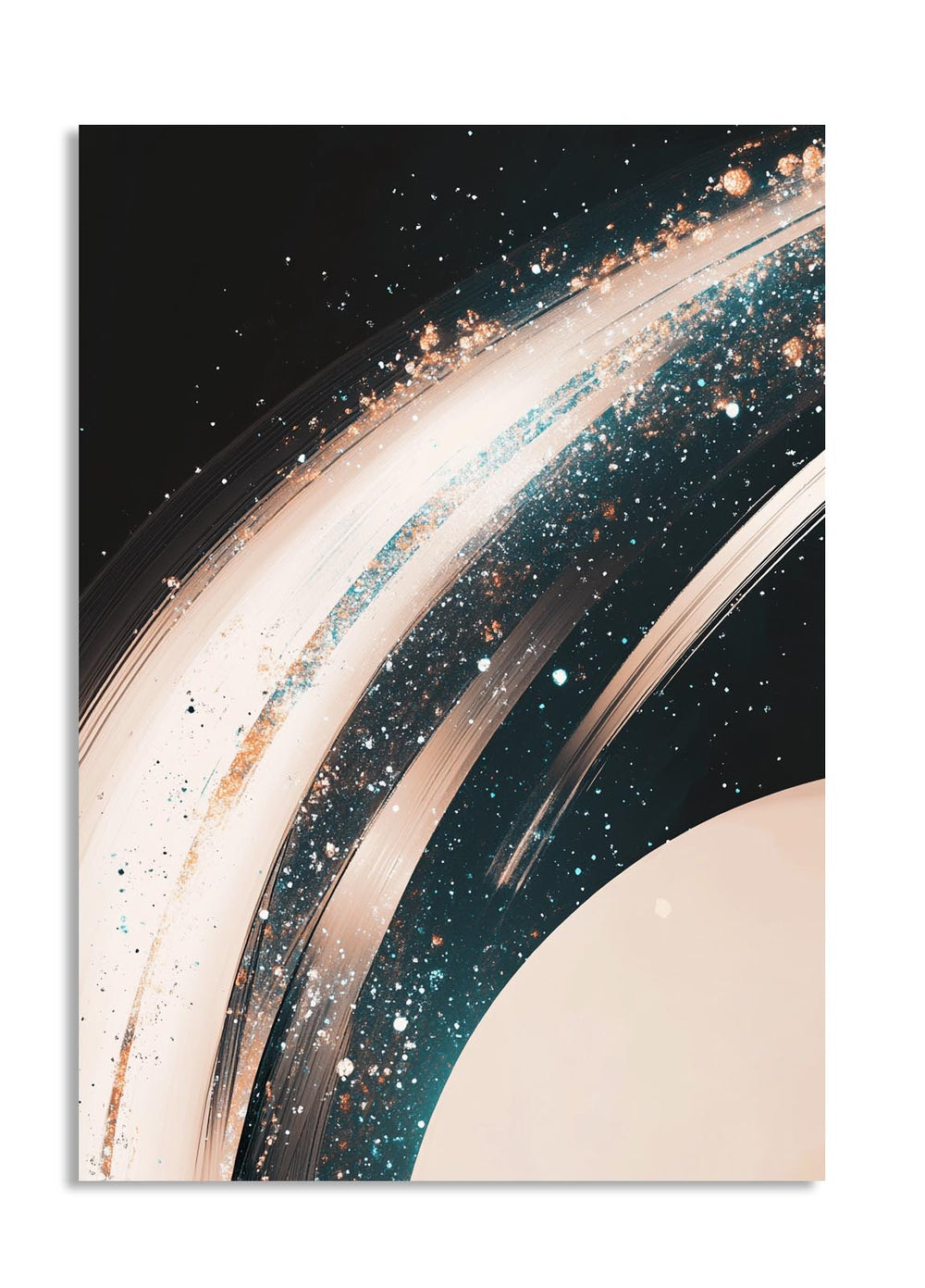 Artistic depiction of a planet with rings against a starry space background, as a premium aluminum metal print from GoMetalPrint.
