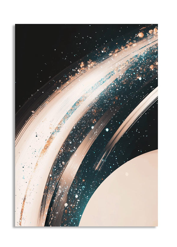 Artistic depiction of a planet with rings against a starry space background, as a premium aluminum metal print from GoMetalPrint.
